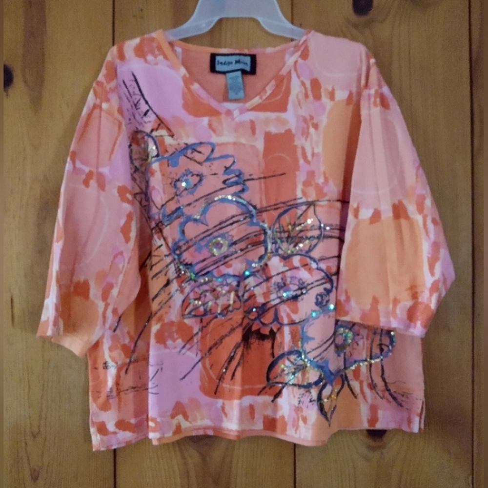Indigo Moon Floral Print VNeck Top with Sequin/Bead Detail